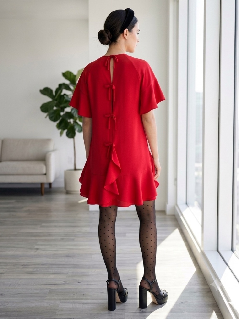 RED Valentino Cherry Red Ruffle Shift Dress with Bow Details - US 0 (IT 36)